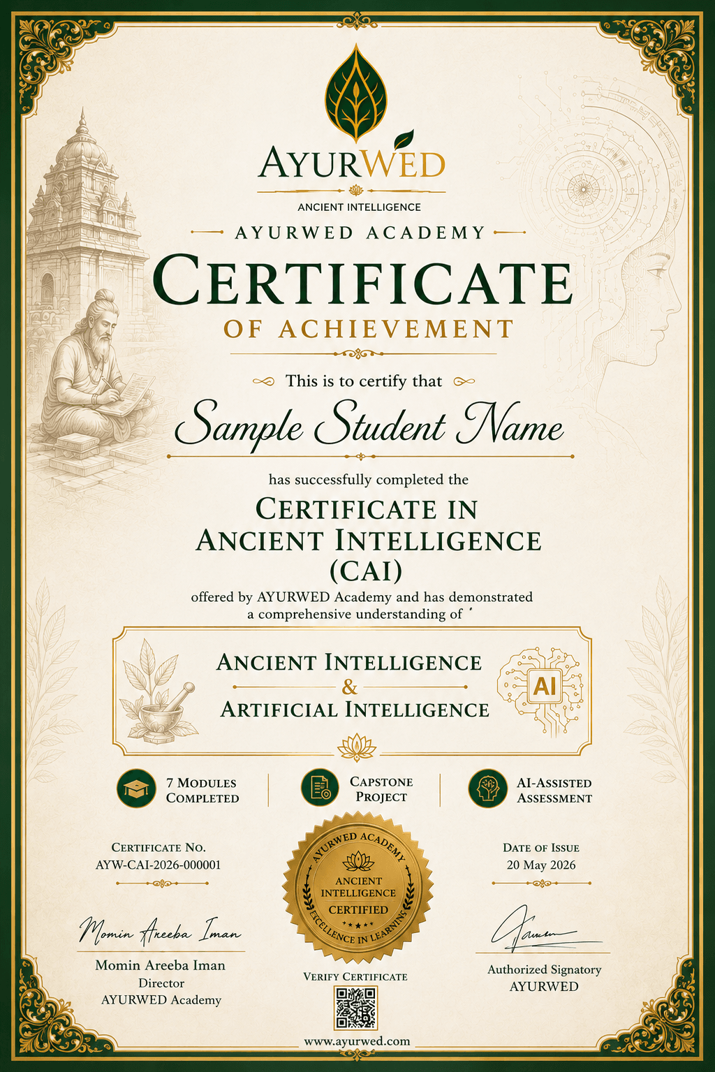 Official AYURWED Certificate in Ancient Intelligence (CAI) Sample